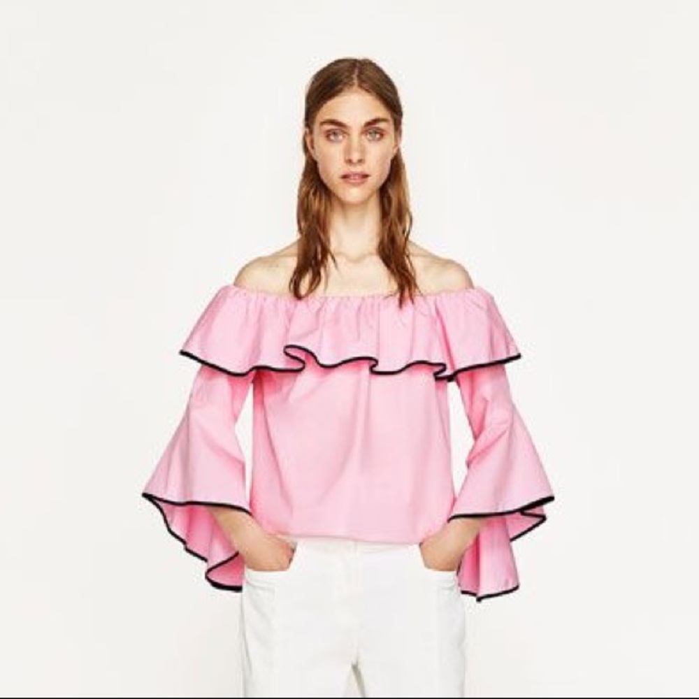 NWT Zara Pink Poplin Off Shoulder Top Size XS